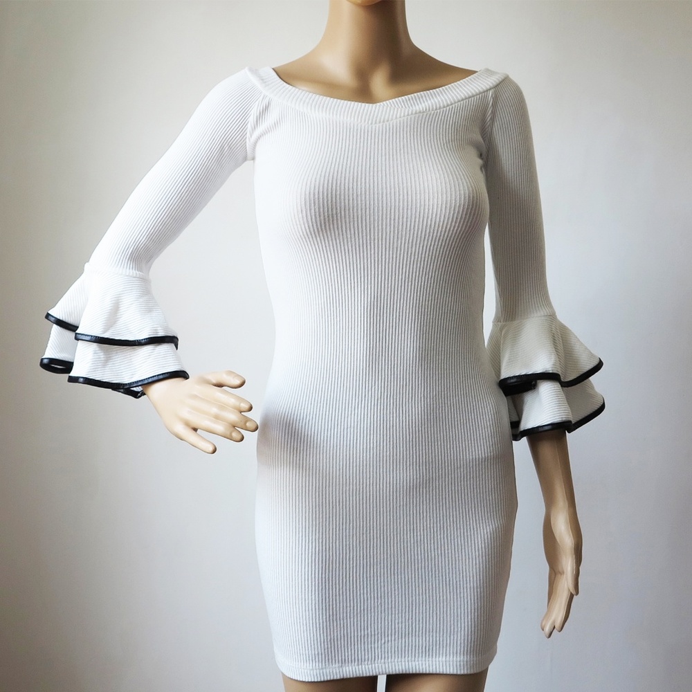Kikiriki Ruffle Bell Sleeves White Sweater Dress